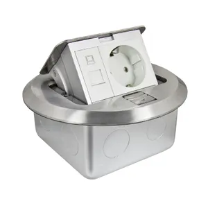 Doza pardoseala popup+doza protectie, metal, IP20, rotunda, echipata cu priza 2m 2P+E+priza date 1m RJ45 UTP