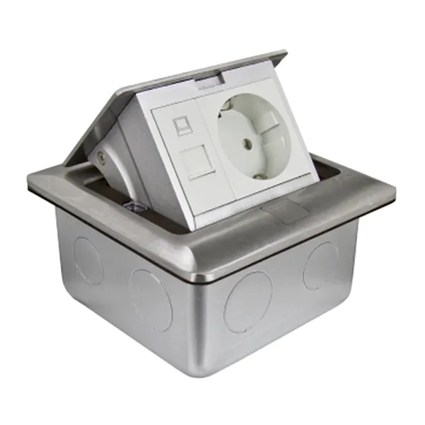 Doza pardoseala popup+doza protectie, metal, IP44, rectangulara, echipata cu priza 2m 2P+E+priza date 1m RJ45 UTP