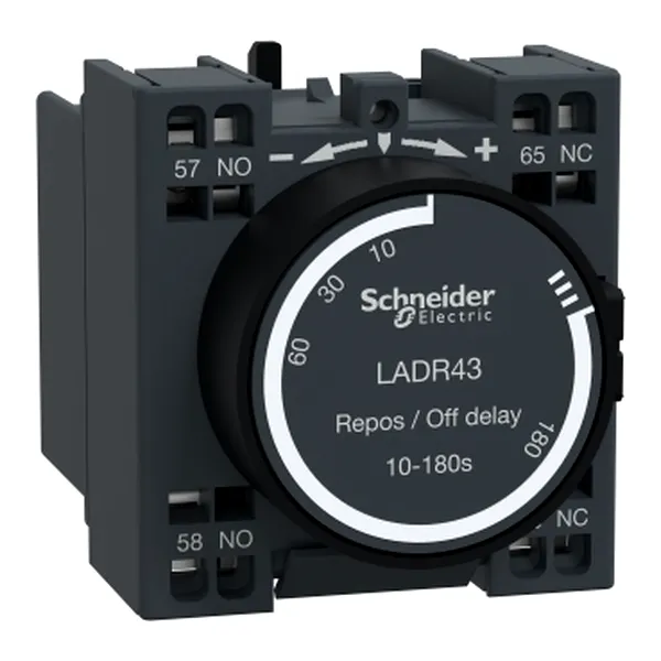 Time delay auxiliary contact block, TeSys Deca, 1NO + 1NC, off delay 10-180s, front, spring terminals