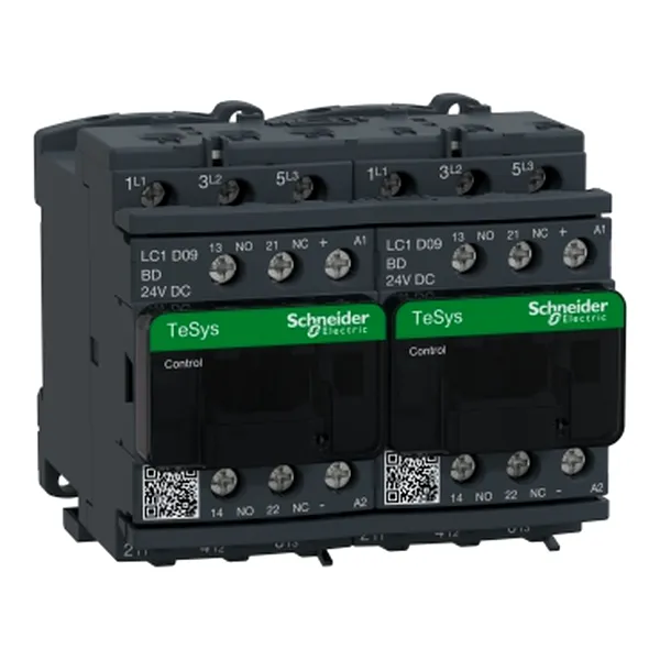 Reversing contactor, TeSys Deca, 3P(3 NO), AC-3, 0 to 440V, 9A, 24VDC coil, with mechanical and electrical interlocking