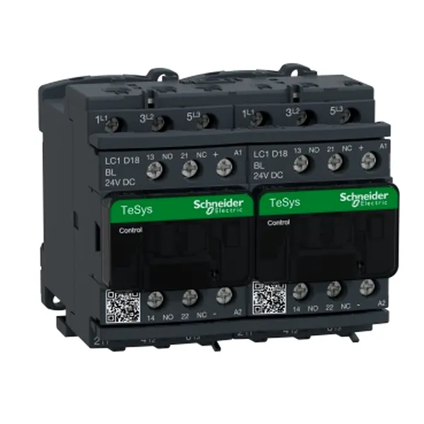 Reversing contactor, TeSys Deca, 3P(3 NO), AC-3, 0 to 440V, 18A, 24VDC low consumption coil