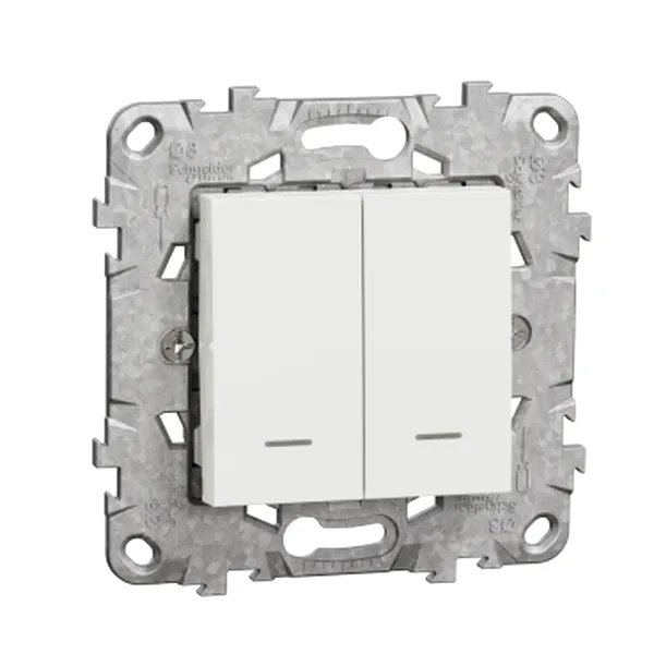 Noua Unica, Intrerupator dublu 10A LED localizare, cu suport fixare si gheare, alb